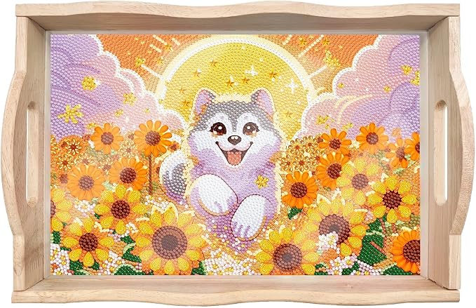 Generic DIY Diamond Serving Tray Rectangular Upgrade Increase Breakfast Tray with Handles Handmade Diamond Art Painting Wooden Tray Dinner Plate for Coffee Living Room Home Organizer-Puppy