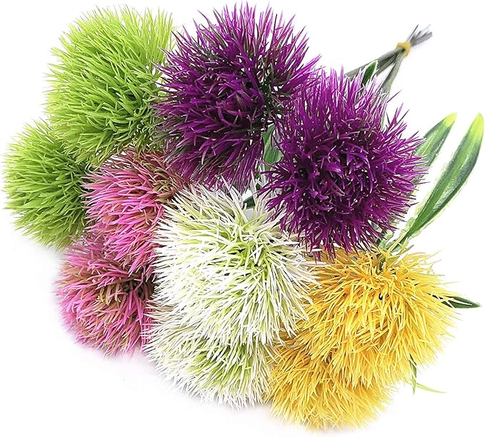 CATTREE Artificial Dandelion Flowers 5 Color x 2pcs Purple Pink White Green Yellow - Total 10 Pcs. Plastic Plants Shrubs Bushes Fake Grass Wedding Indoor Outdoor Home Garden Decoration Planter Filler