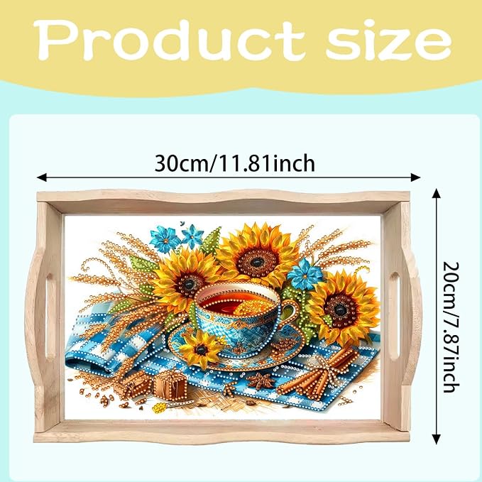 BAYUNOE DIY Diamond Serving Tray Christmas Rectangular Breakfast Tray with Handle Handmade Diamond Art Painting Wooden Tray for Dinner Plate Coffee Room Living Home Organizer-Afternoon Tea