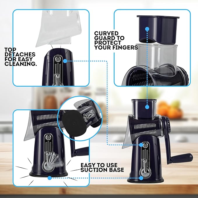 5-in-1 Rotary Cheese Grater with Handle – Stainless Steel Blades, Vegetable Slicer & Shredder, Nut Grinder, Carrot & Cabbage Grater, Easy-to-Clean Kitchen Tool (Purple)