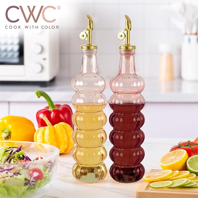 COOK WITH COLOR Glass Olive Oil Bottle Dispenser - 2 Pack- 17oz Oil and Vinegar Cruet - Olive Oil Carafe Decanter for Kitchen, Elegant Waves, Pink