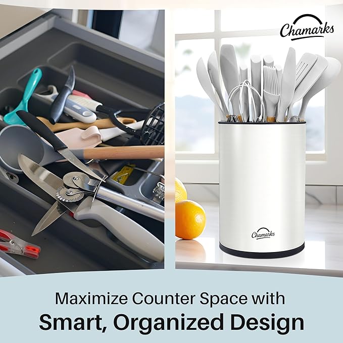 3-in-1 Kitchen Utensil Holder for Countertop with Knife Block and Silverware Caddy. (White)