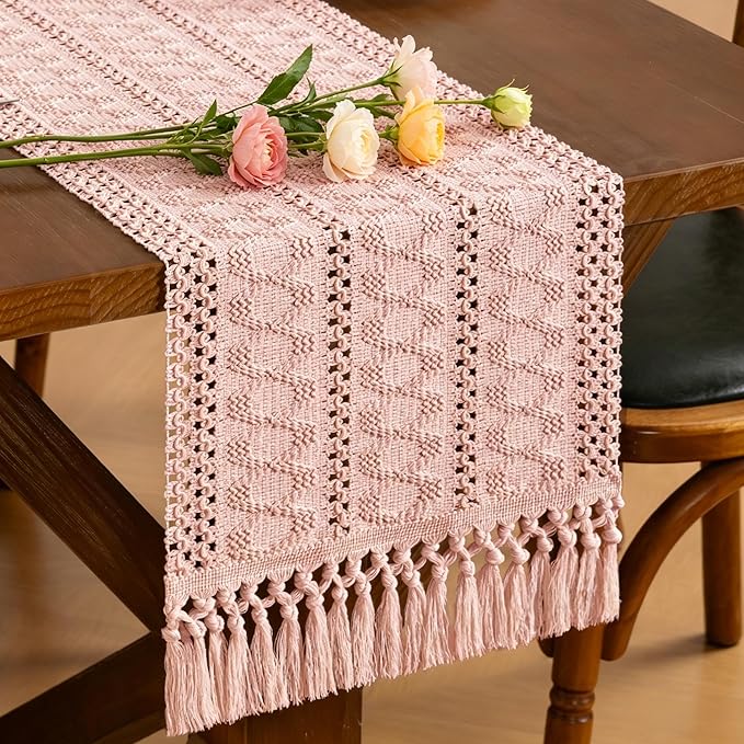 Boho Woven Cotton Linen Table Runner 11"x48" with Tassels Pink Rustic Macrame Farmhouse Table Runner Summer Decor for Summer Dining Room Wedding Kitchen Party