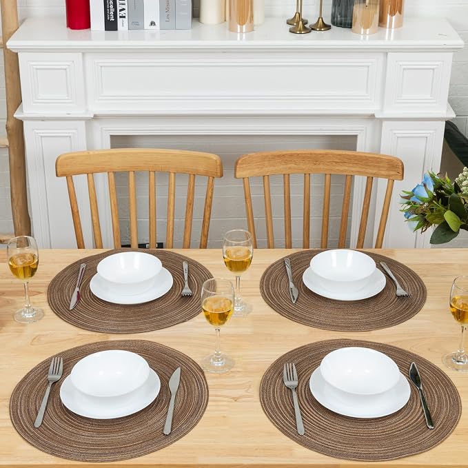 Winknowl Round Braided Placemats Set of 4 Washable Woven Heat Resistant Table Mats for Kitchen Dining Tables 15 inch Round Place Mats (Brown,4)