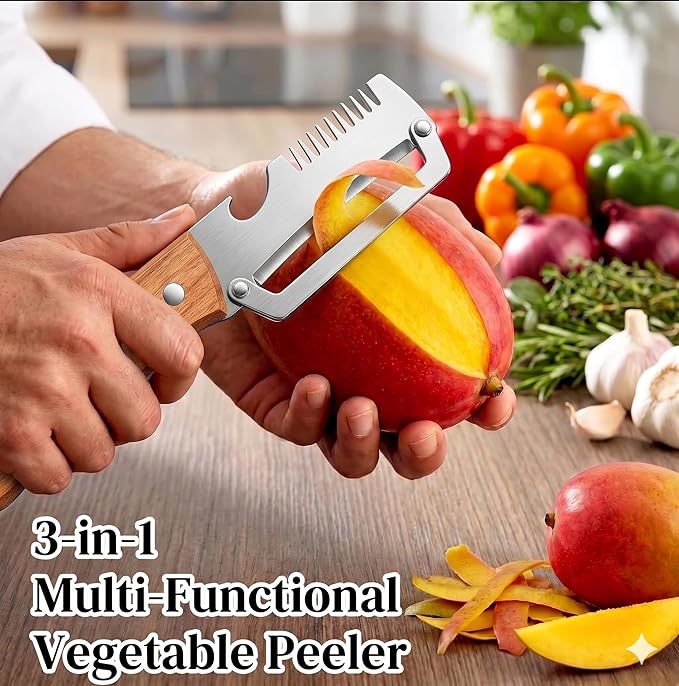 WesGen 2Pcs Multifunctional Vegetable Peeler with Wooden Handle, Odorless Stainless Steel Peeler, 2-in-1 and 3-in-1 Kitchen Tool with Scallion Shredder and Bottle Opener for Home Cooking
