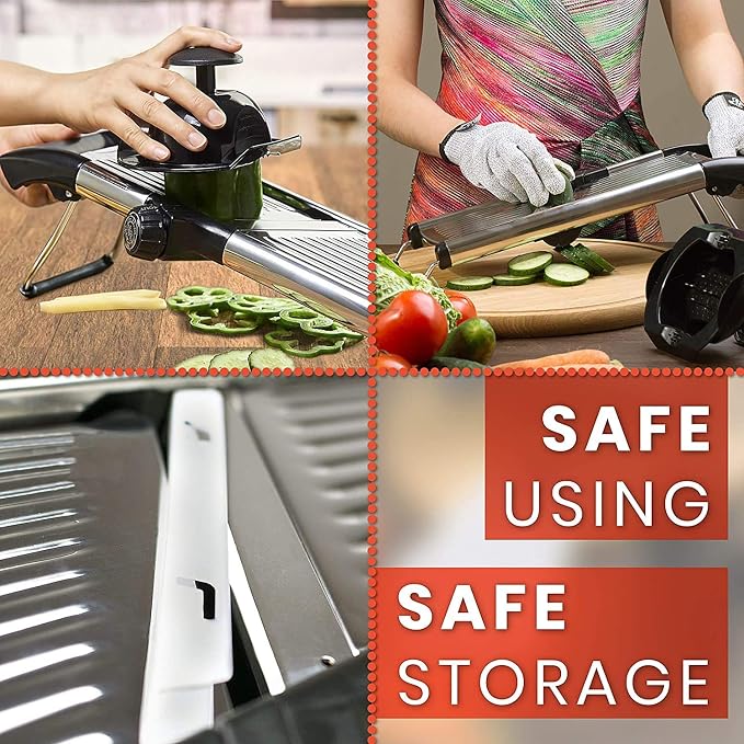Mandoline Slicer with Cut-Resistant Gloves and Blade Guard – Adjustable Mandolin Vegetable Slicer and French Fry Cutter, Food Slicer, Vegetable Julienne – Thick Sharp Stainless Steel Blades