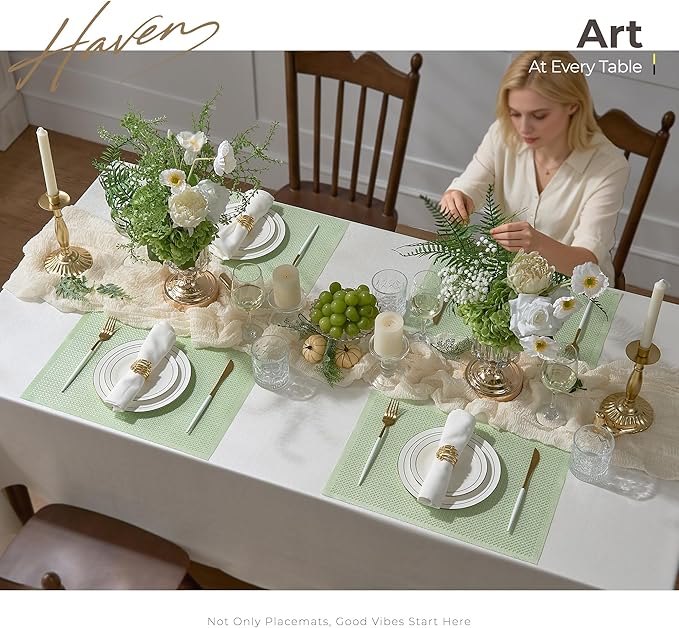 Leetaltree Sparkling Crisp Green Sequin Woven Vinyl Placemats, Set of 8 - Waterproof & Washable Dining Table Mats for Wedding, Anniversary, Daily Use, Hand-Cut