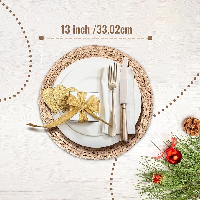 Round Woven Placemats Set of 6 | Handmade Natural Wicker Placemats for Holiday Wedding Home - Slip Heat Resistant Rattan Chargers for Dinner Plates (13 Inch)