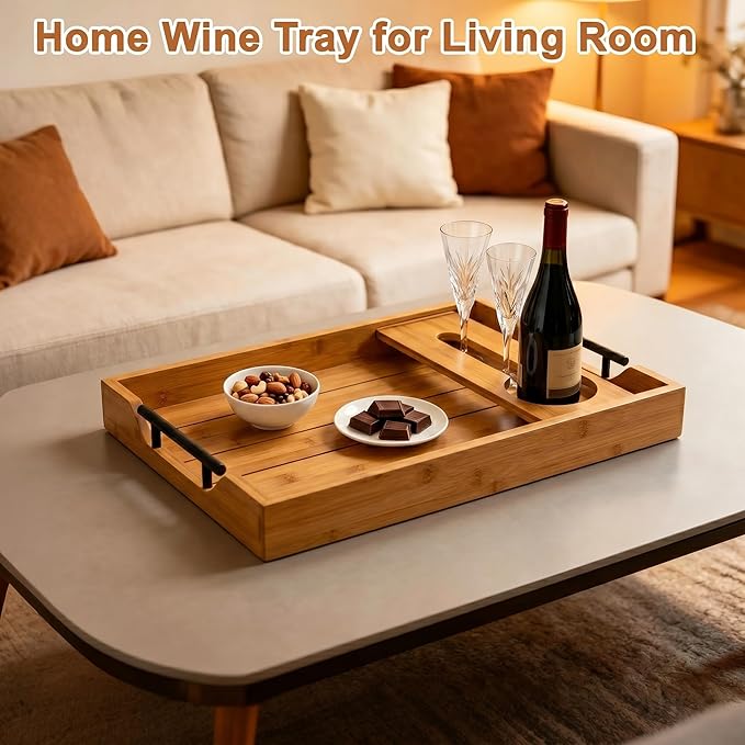Serving Tray with Wine Glass Holder, Charcuterie Snack Tray with Handles for Wine, Cheese, Fruit and Nuts, Picnic Tray for Parties, Coffee Table and Entertaining