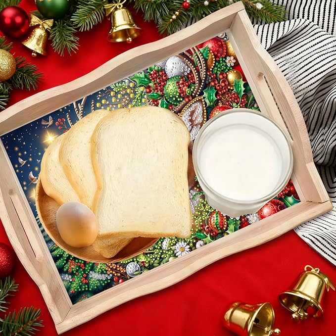 DIY Diamond Art Painting Serving Tray Creative Design Handmade Wooden Rectangular Snack Tray Dinner Plate Drill Craft for Coffee Living Room Home Organizer-Christmas Deer