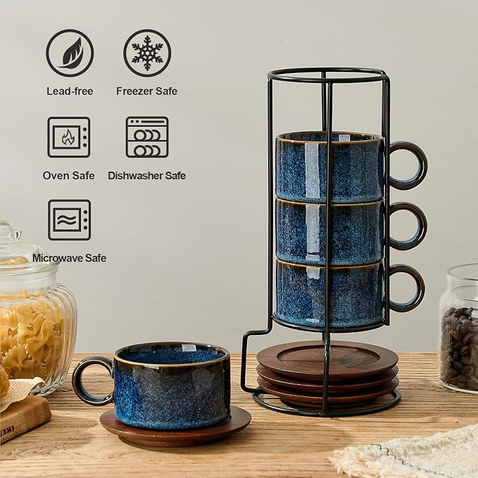 LUKA 6 Ounce Porcelain Stackable Espresso Cups with Saucers and Metal Stand Set of 4, Ceramic Cappuccino Cups Set for Specialty Coffee Drinks, Latte, Cafe Mocha and Tea, Reactive Blue