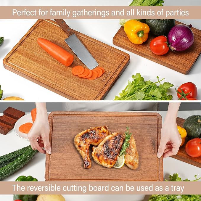 Solid Teak Wood Cutting Board Set One Piece Non Glued Extra Large Thick Crack Resistant Wooden Chopping Board with DeepJuice Grooves Built in Handles for Kitchen Meat 21.7x15 IN+13 * 8.7IN