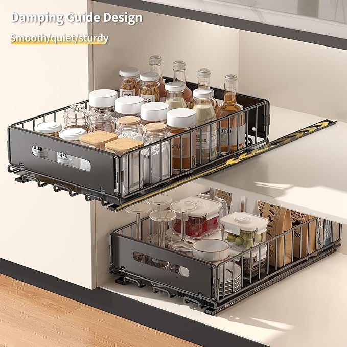 PureBox Pull Out Cabinet Organizer, Slide Out drawers for cabinets, Heavy Duty Carbon Steel Roll Out Shelves for kitchen, bathroom, pantry (14.7’’-23.1’’ Slide, Adhesive & Screw), 1 Pack, Black