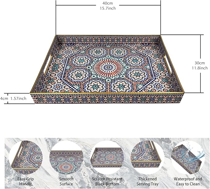 Plastic Coffee Trays,Serving Tray,Bohemian Blue Tray,15.7" L x 11.8" W x 1.57" H,Lightweight and Non-Slip with Handles,Perfect for Restaurants,Cafés,and Home Use(Rectangle Bohemian Blue)