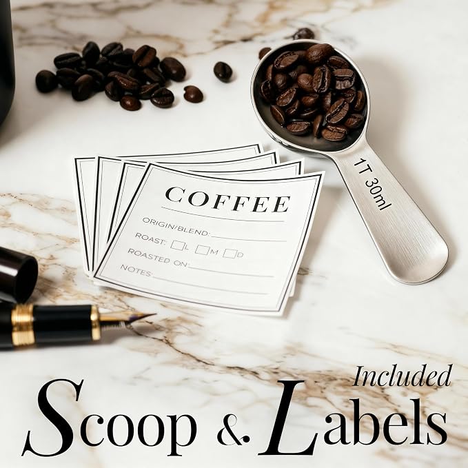 STYLED SETTINGS Vacuum Seal Coffee Bean Container Set – 2-Piece Stainless Steel Coffee Canisters with Scoop and Labels, Matte Black Dual-Lid Airtight Design, 1 lb Capacity Each - Coffee Gift Ideas