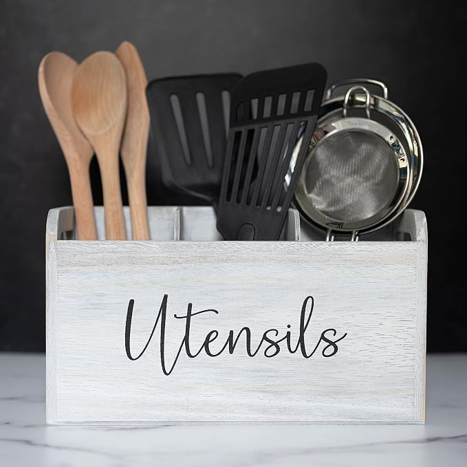 White Kitchen Utensil Holder for Countertop – Large 3-Compartment Cooking Utensil Organizer & Caddy with Drain Holes, Modern Wood Utensil Holder for Kitchen Counter, Spatula & Spoon Storage