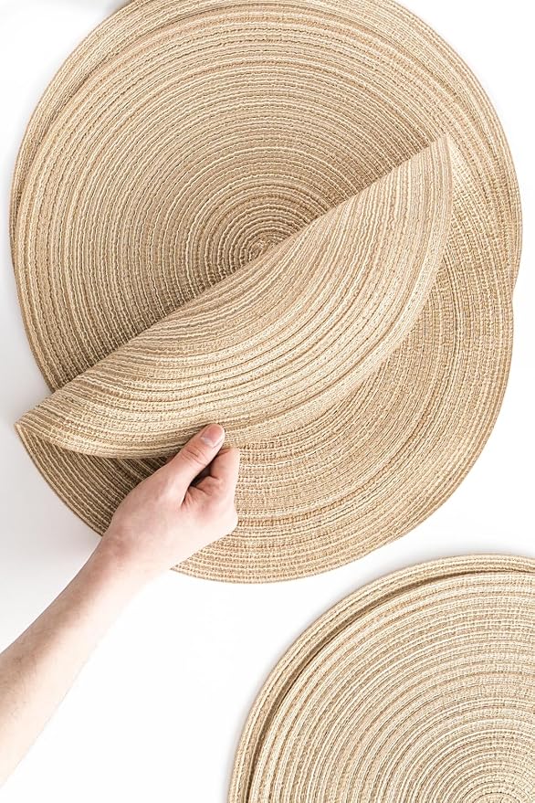 Floroom 15 Inch Round Braided Placemats Set of 4, Washable Heat Resistant Cotton Polyester Circle Place Mats for Kitchen Dining Table - Dunes Khaki