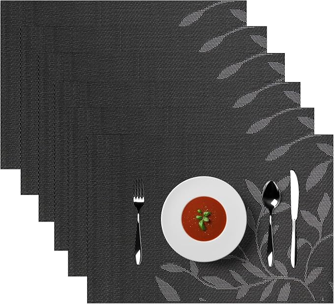 Placemats, Placemats for Dining Table Set of 4, Kitchen Table Mats Heat-Resistant Non-Slip Washable PVC Woven Vinyl Place Mats for Dining Room Table Decoration (Set of 6, Black Leaf)