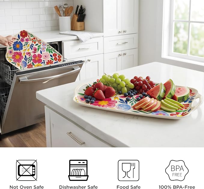 TP Large Serving Trays with Handles, 19" x 12" Melamine Serving Platters for Food, Turkey, Set of 2 Rectangular Trays for Party, Floral