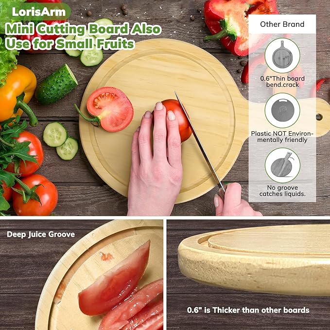LorisArm 7" Mini Pine Wood Cutting Board with Handle, Small Serving board Wooden Round Pizza Peel Paddle for Homemade Baking Pizza Bread Cake Fruit Vegetables.