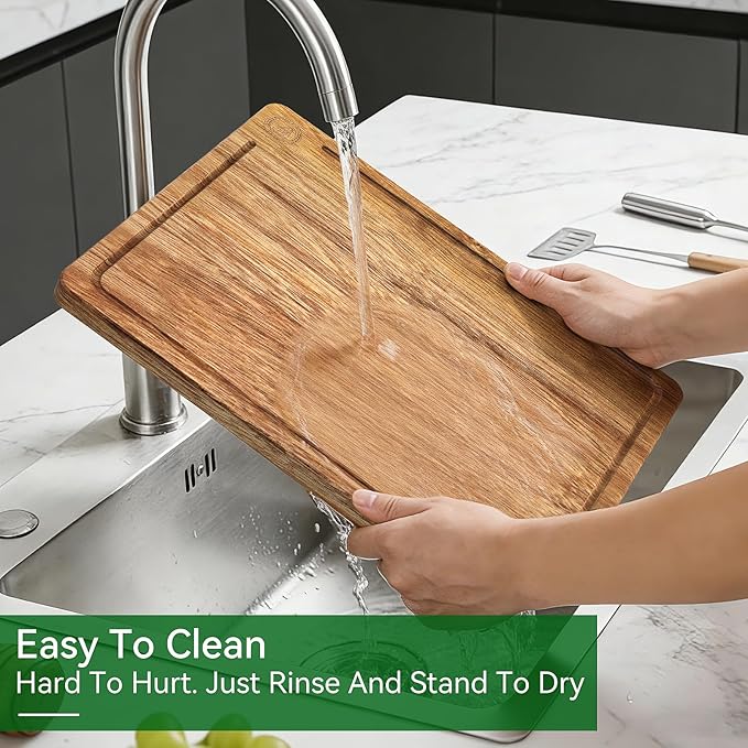 Acacia Wood Cutting Board Set of 3 – Non-Toxic & Pre-Oiled Cutting Boards for Kitchen, Chopping Boards with Holder, Juice Groove, Reversible Serving Board, Labeled Icons for Meat Cheese Vegetables