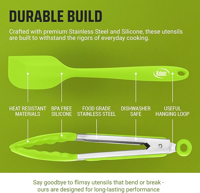 Kaluns Kitchen Tongs for Cooking Grilling Set of 4, BBQ Grill Tongs With Silicone Tip Stainless Steel Heat Resistant, Non-stick Pull Lock, Incl 7, 9, 12 Inch Tong Plus a Silicone Spatula