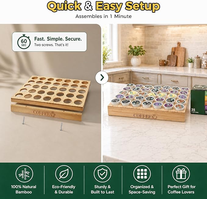 MinBoo BamBoo k cup holder Drawer or Countertop k cup Organizer Coffee Pod Holder Hold 35 Coffee Pod Storage Kcup coffee pods holder for coffee station Office and Kitchen k cup storage