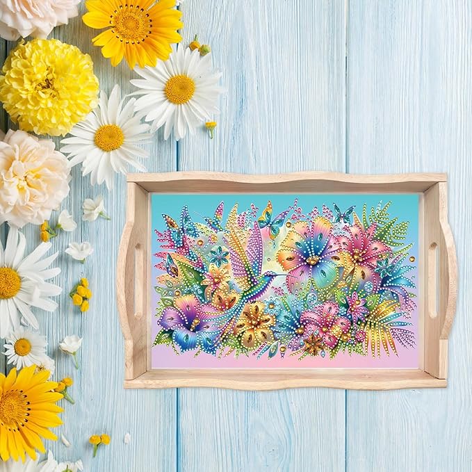 BAYUNOE 2Pcs DIY Diamond Serving Tray Rectangular Breakfast Tray with Handle Handmade Diamond Art Painting Wooden Tray Spring Creative Dinner Plate Coffee Room Living Home Organizer-04