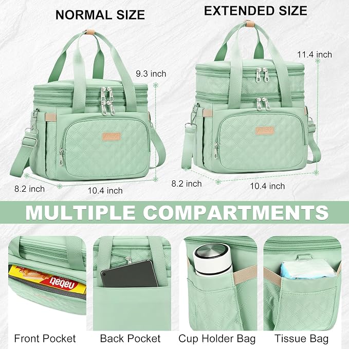 AIJIEKE Insulated Lunch Bag for Women, Large Double Deck Lunch Box for Work, 100% Leakproof Reusable Cooler Tote with Expandable Pockets & Adjustable Strap for Beach, Picnic, Green