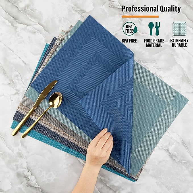 Winknowl Placemats for Dining Table Set of 6 Waterproof, Woven Place Mats for Kitchen Table Vinyl Heat Insulation Stain Resistant Placemats (Gray)