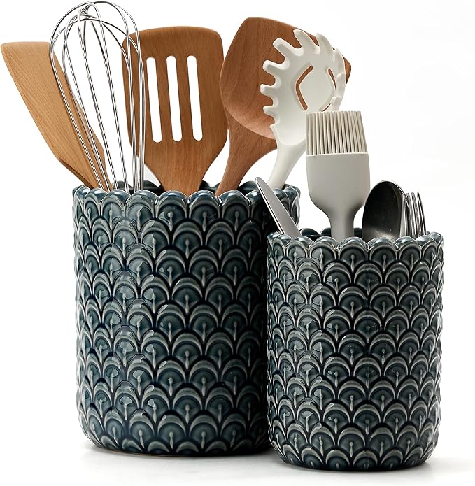 JIEMEI HOME Kitchen Utensil Holder, Large 7.5"+6.2" Petal Ceramic Utensil Crock for Countertop, Utensil Holder with Cork Mat, Morden Utensil Organizer for Spatula, Kitchen Decor, Set of 2- Blue