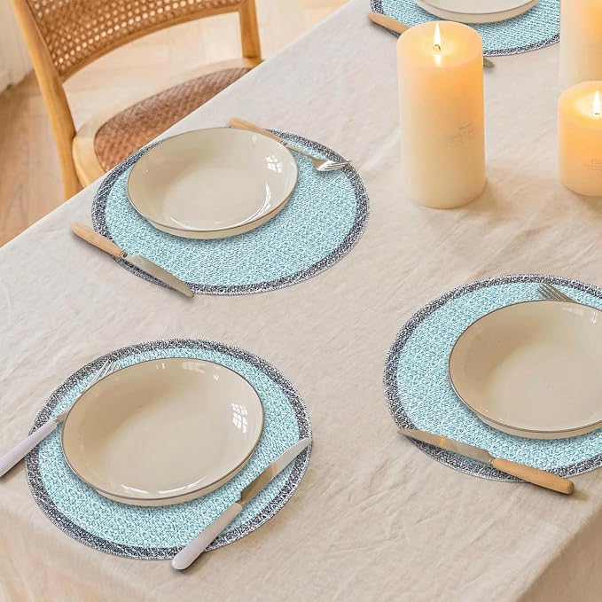 Niviy Blue Grey Ethnic Boho Round Placemats Set of 4, 15 Inch Linen Burlap Washable Durable Art Table Mats for Holiday Party Kitchen Dining Room Decoration