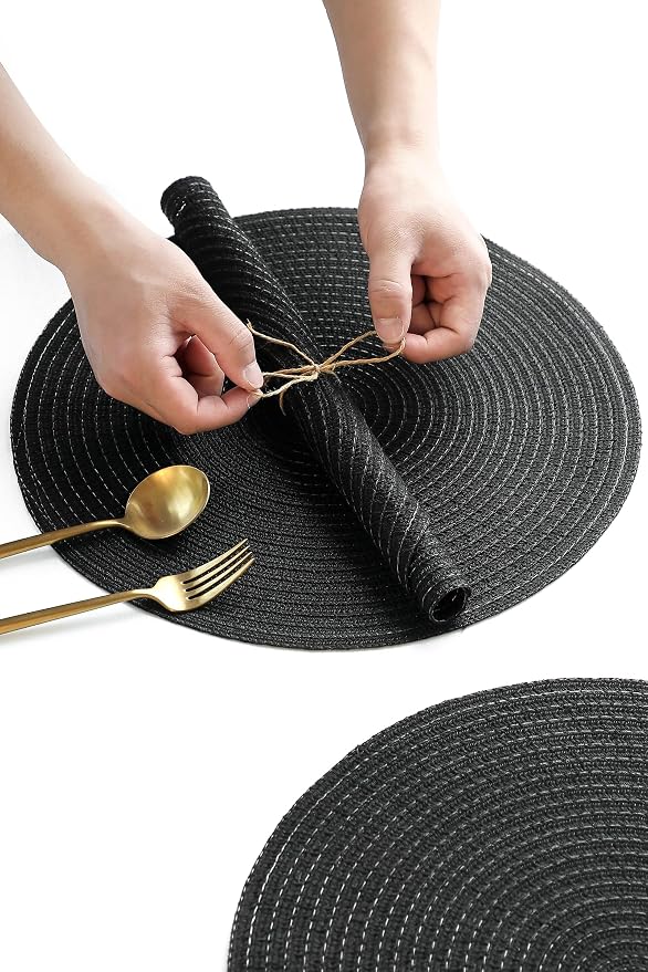 Floroom 15 Inch Round Braided Placemats Set of 6, Washable Heat Resistant Cotton Polyester Circle Place Mats for Kitchen Dining Table - Black