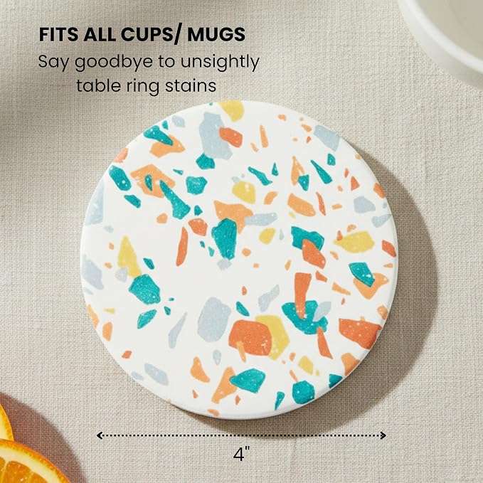Terrazzo Coasters Set of 6, Ceramic Absorbent Drink Coasters, Cute Mid Century Boho Coaster, Coffee Table Desk Decor, Colorful Stone Coaster for Drinks