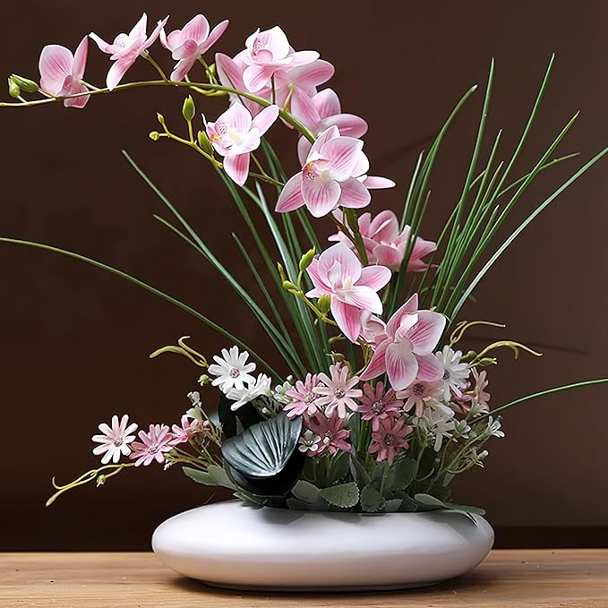SYDDOL 17" Artificial Orchids in Ceramic Pot - Realistic Silk Flowers with Vase for Home Decor (Pink + White)