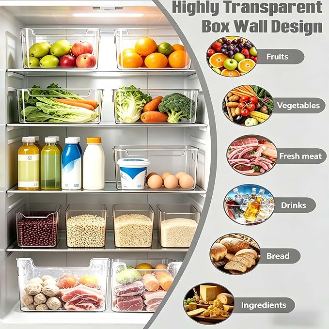 Crystal Clear Freezer Storage Bins, 4 Pack Deep Clear Plastic Organizer Bins For Refrigerator And Pantry, Kitchen Storage Accessories With Handles, For Pantries, Bathrooms (Transparent Version A)