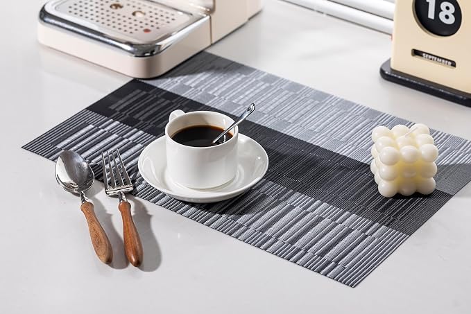 LEXMORE Placemats Set of 8 Vinyl/Plastic Woven Place Mats for Kitchen Table Indoor/Outdoor Washable Placemat Wipeable Dining Table Mats(Silver Gray Black)