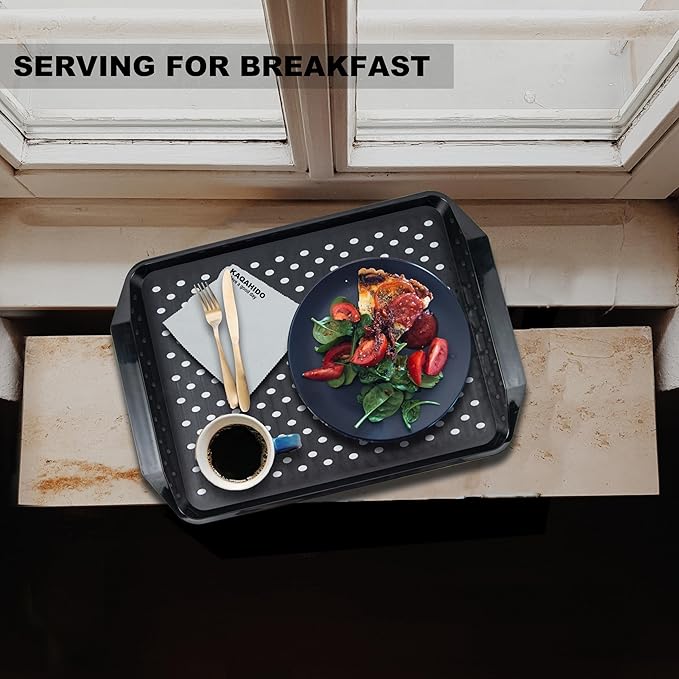 Large Non Slip Serving Tray with Grippy Dots, TV Lap Trays for Eating on Couch, Meal Serve for Dinner Breakfast, Rectangular Food Carrying for Plates, Glasses, Dishes, Set of 2,Black and White