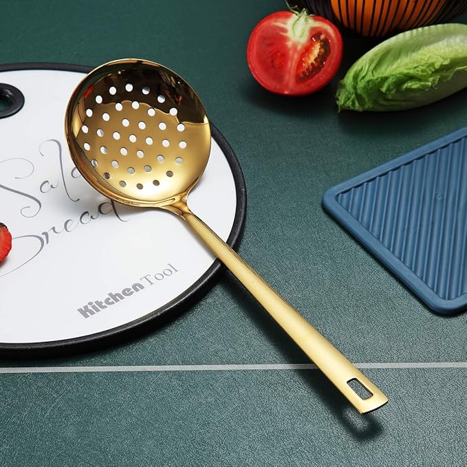 Gold Skimmer, Berglander Metal Strainer With Titanium Gold Plating, Kitchen Cooking Skimmers For Non-Stick Cookware, Dishwasher Safe, Easy to Clean