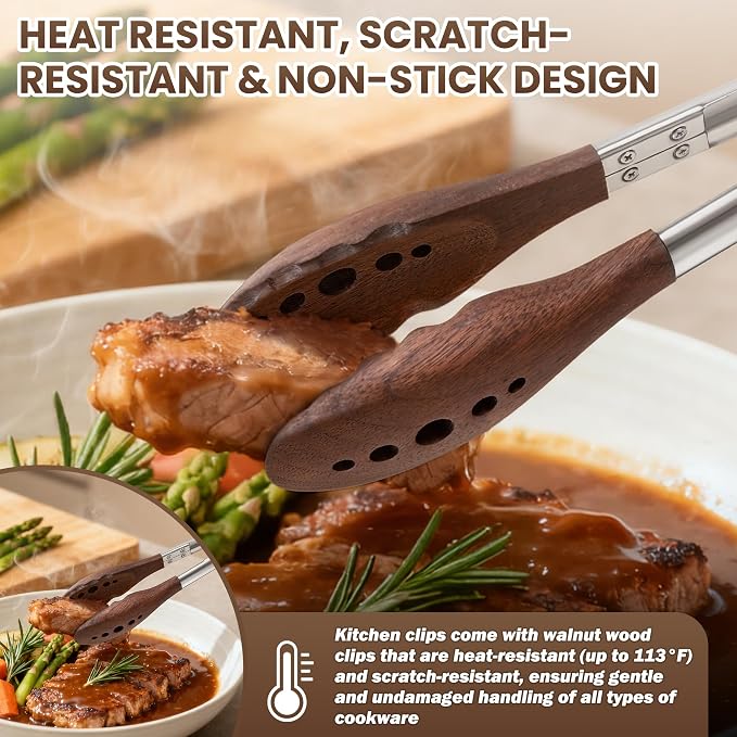 Kitchen Wooden Tongs for Cooking - 9 Inch & 12 Inch Nonstick Natural Walnut Wood Tongs, Stainless Steel Salad Tong with Walnut Wood Tips for Serving Food, Cooking, Salad, BBQ