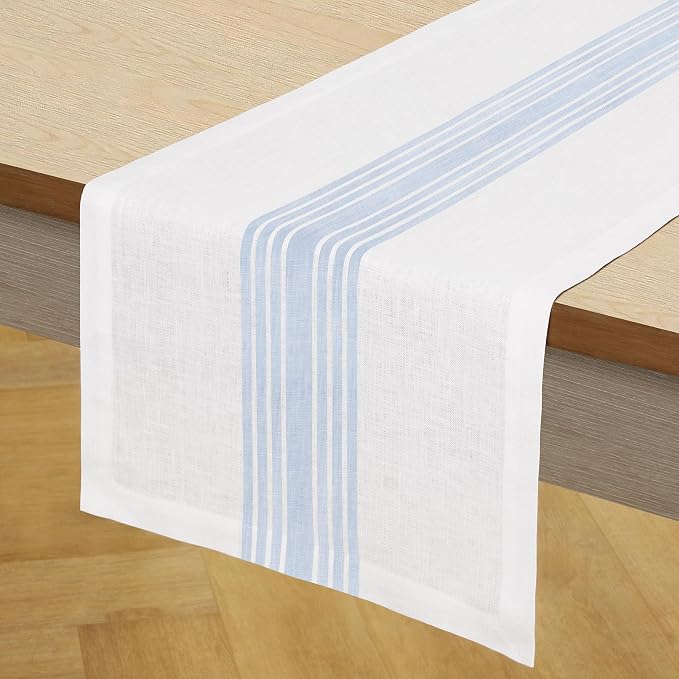 Solino Home Linen Striped Table Runner 132 Inches Long - Farmhouse 100% Pure Linen Dusty Blue and White Dining Table Runner 14 x 132 Inch for Summer