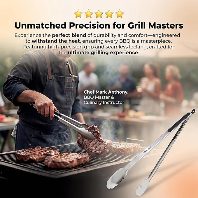 Kona Premium Stainless-Steel Locking Grill Tongs 17 inch, Sturdy, Heavy Duty Tongs - Great for Cooking, Grilling, and Barbecue (BBQ) [Set of 2]