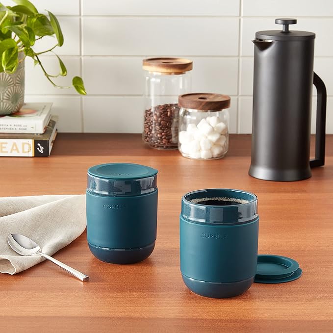 Corelle Stoneware 4-Pc Tumbler Set of 2 with Lids, Handcrafted Artisanal Travel Mug, Solid Glaze Stoneware, 13-1/2-Oz Travel Coffee Mug Set, Navy