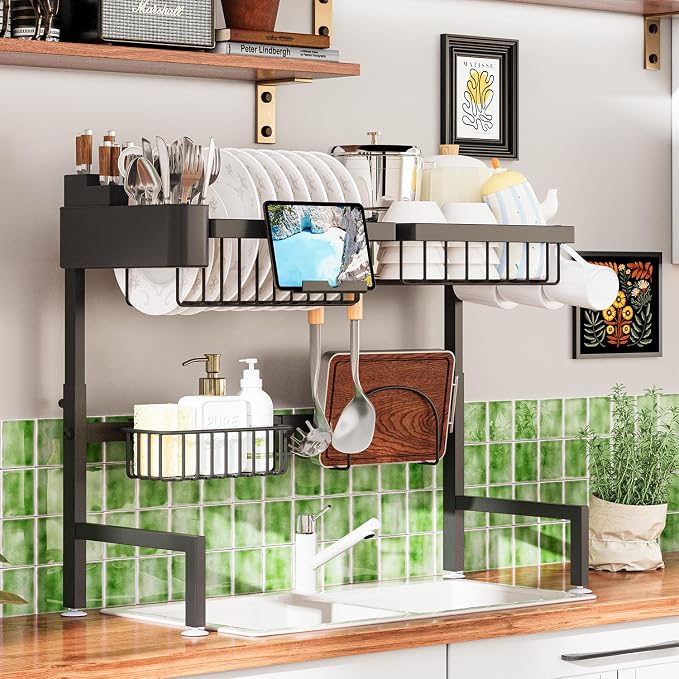 adoymiro Over The Sink Dish Drying Rack, Expandable Height and Length, 2 Tier Large, Stainless Steel, 24-35.5 inches L x 12 inches W x 19-22 inches H