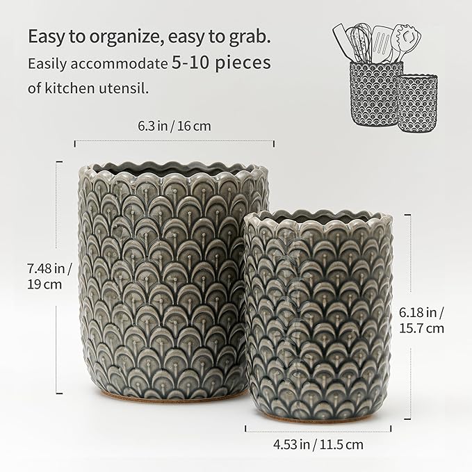 JIEMEI HOME Kitchen Utensil Holder, Large 7.5"+6.2" Petal Ceramic Utensil Crock for Countertop, Utensil Holder with Cork Mat, Morden Utensil Organizer for Spatula, Kitchen Decor, Set of 2-Grayish Blue