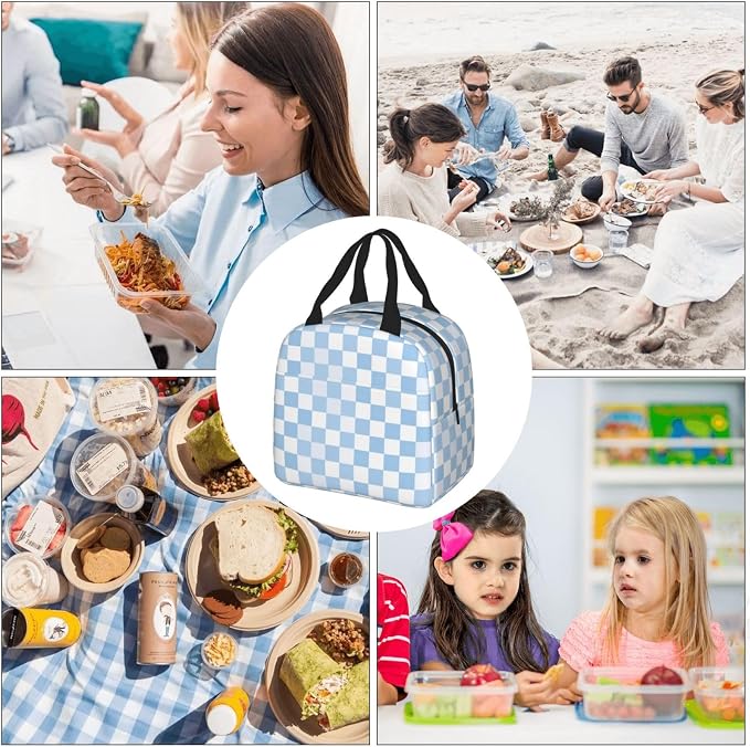Insulated Lunch Bag Checkerboard Pattern Pastel Blue, Leakproof Lunch Tote for Work School, Reusable Lunch Box Cooler for Adults Students, Compact Lunch Bag for Office College Picnic