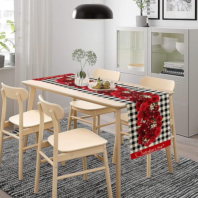 Rose Table Runner, Vintage Rustic Plaid Abstract Red Rose Flower Plant Plant Table Decor Table Top Dining Kitchen Wedding Party 13x36 Inch