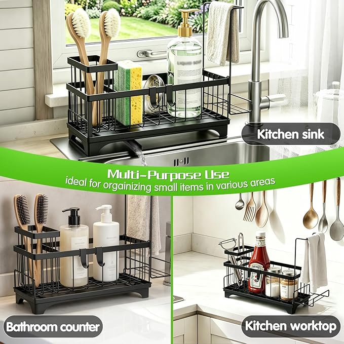 VOOWO Sponge Holder for Kitchen Sink, Compact Sink Caddy with Detachable Brush Holder and Towel Rack, Stainless Steel Kitchen Sink Organizer for Dish Sponge, Soap Dispenser Storage Accessories (Black)