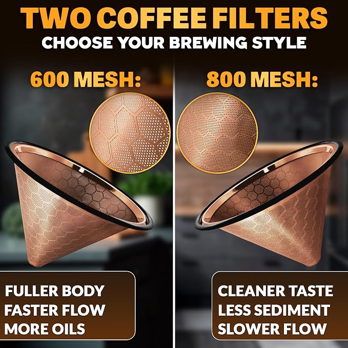 Pour Over Coffee Filter Reusable Stainless Steel - 800 Mesh Copper Cone with Black Ring for Clean, Sediment-Free Brew, Compatible with Hario V60 & Chemex, Paperless Coffee Dripper with Cleaning Brush