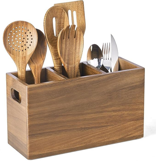 Wooden Utensil Holder Counter, Kitchen Utensil Organizer Large 3 Compartment Cooking Utensils Holder, Acacia Rustic Wood Farmhouse Storage Container Crocks for Silverware and Cooker Set